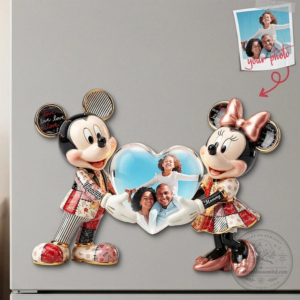 Personalized Mickey and Minnie Mouse Heart Photo Frame Refrigerator Magnet