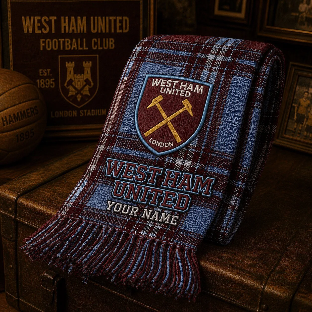 West Ham United Football Club Personalized Claret and Blue Plaid Scarf
