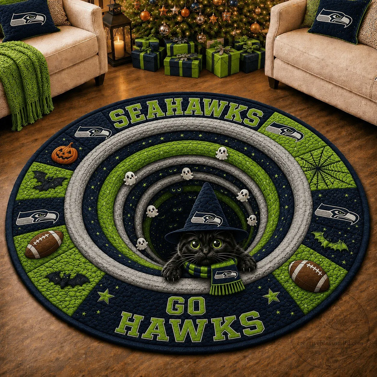 Seattle Seahawks Halloween Black Cat Witch Round Quilted Rug