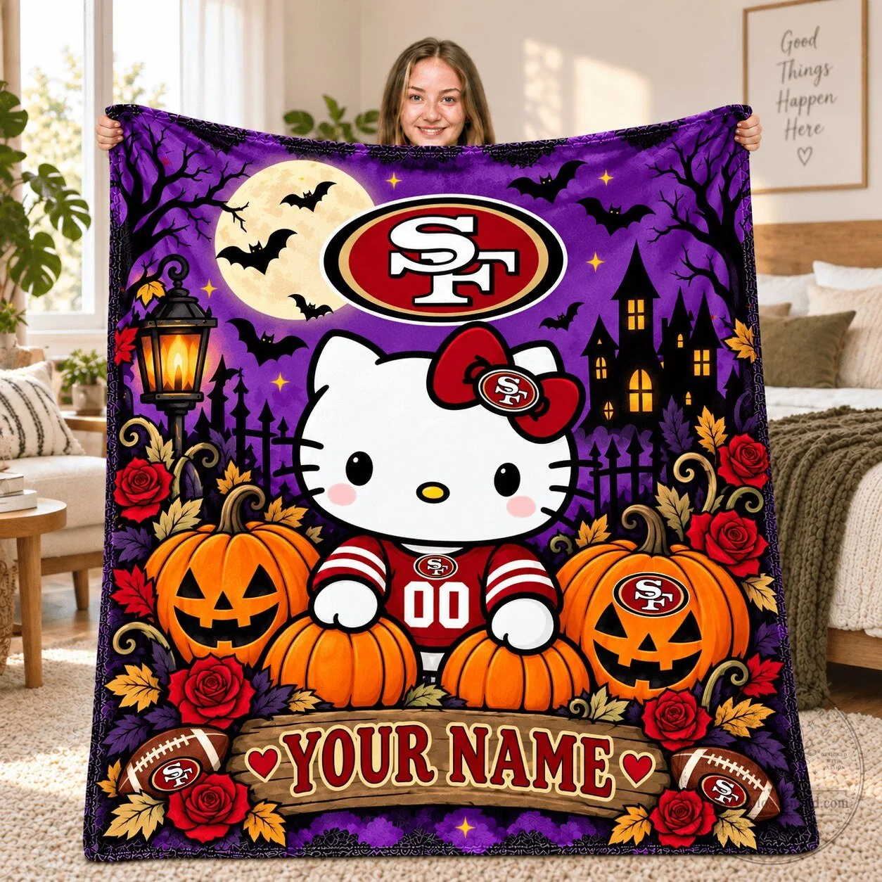 San Francisco 49ers Hello Kitty Halloween Personalized Fleece Blanket