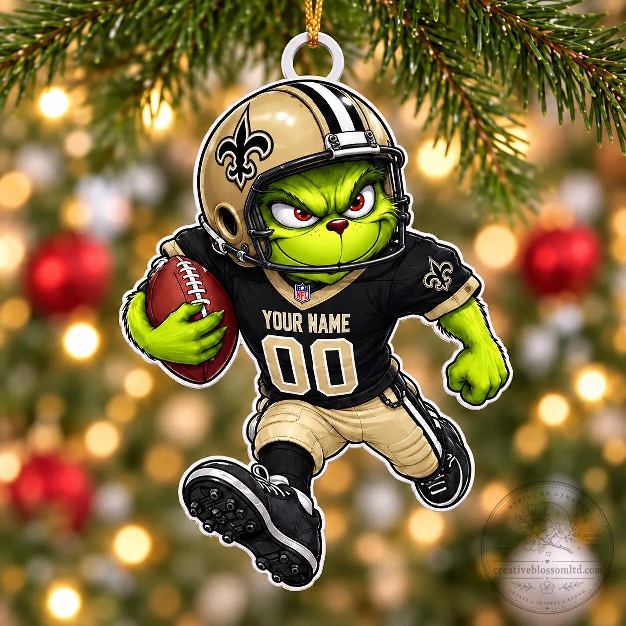 New Orleans Saints Football Grinch Custom Name Number Christmas Ornament