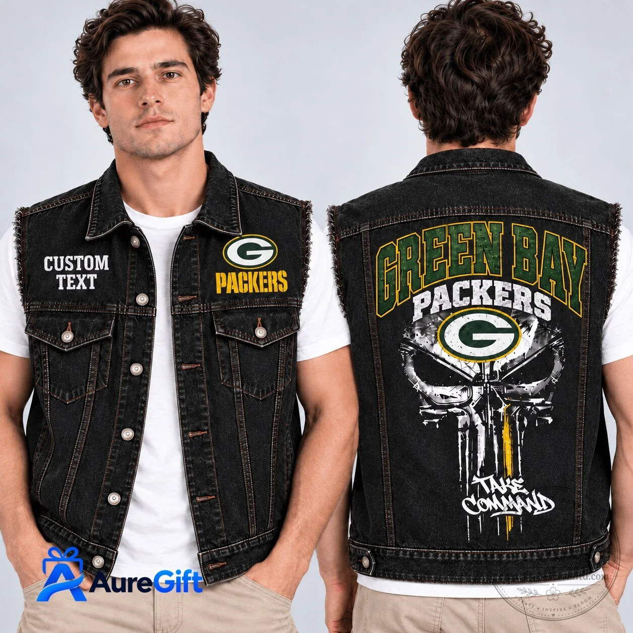 Green Bay Packers Skull Custom Text Denim Vest Jacket