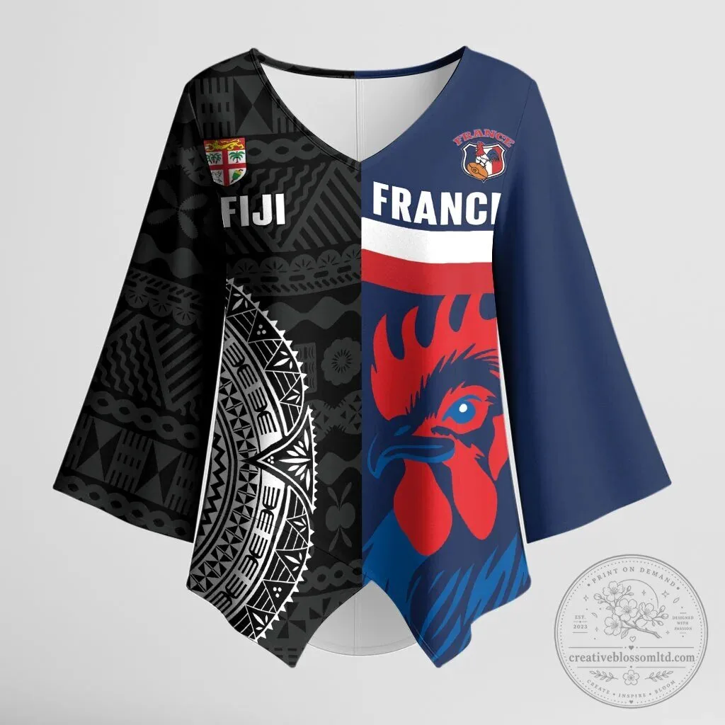 Fiji and France Rugby Team Fan Kimono Sleeve Blouse