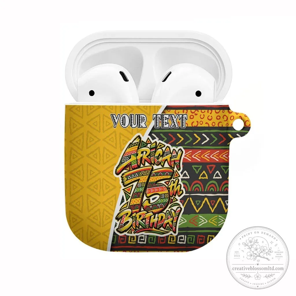 Personalized African 75th Birthday AirPods Case Colorful Tribal Geometric Heritage Pattern
