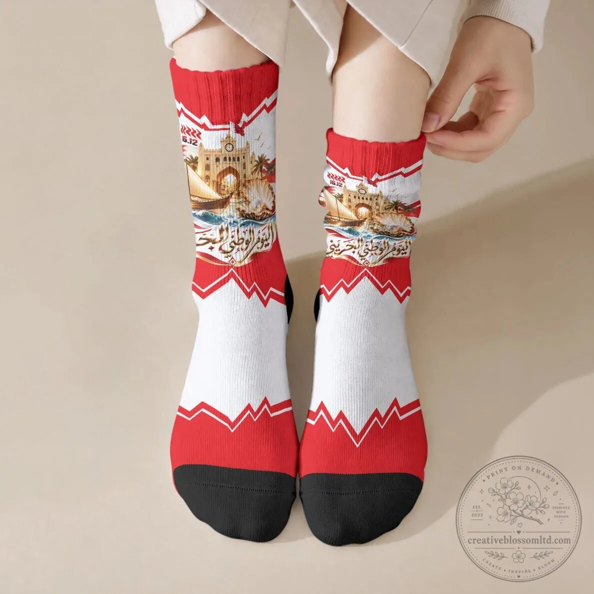 Bahrain National Day Crew Socks Cultural Flag Emblem Vintage Collage