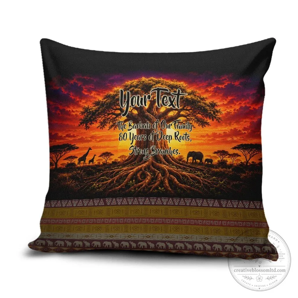Personalized 80th Birthday Baobab Tree African Sunset Savanna Silhouette Pillow Cover