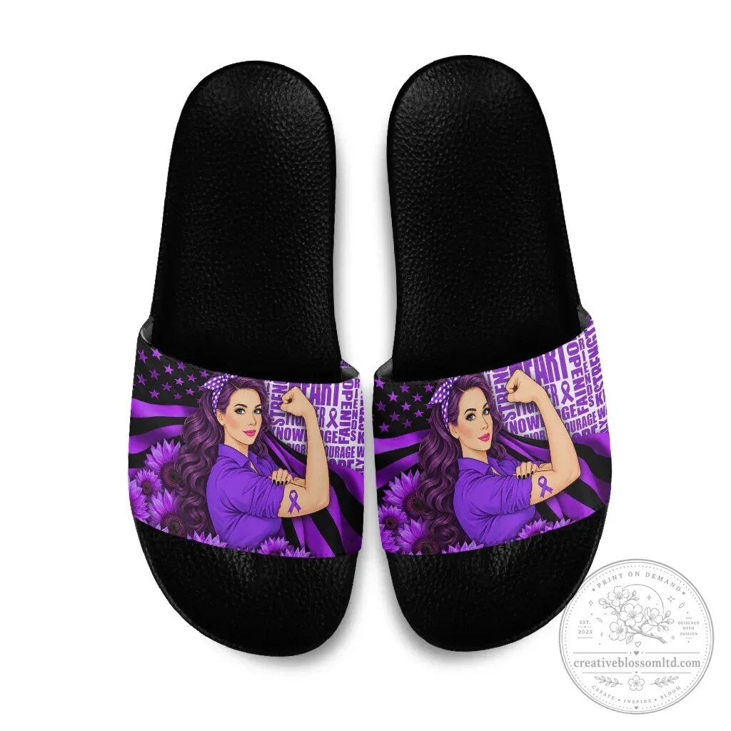 Domestic Violence Awareness Strong Woman Purple Ribbon Sunflower Flag Slide Sandals