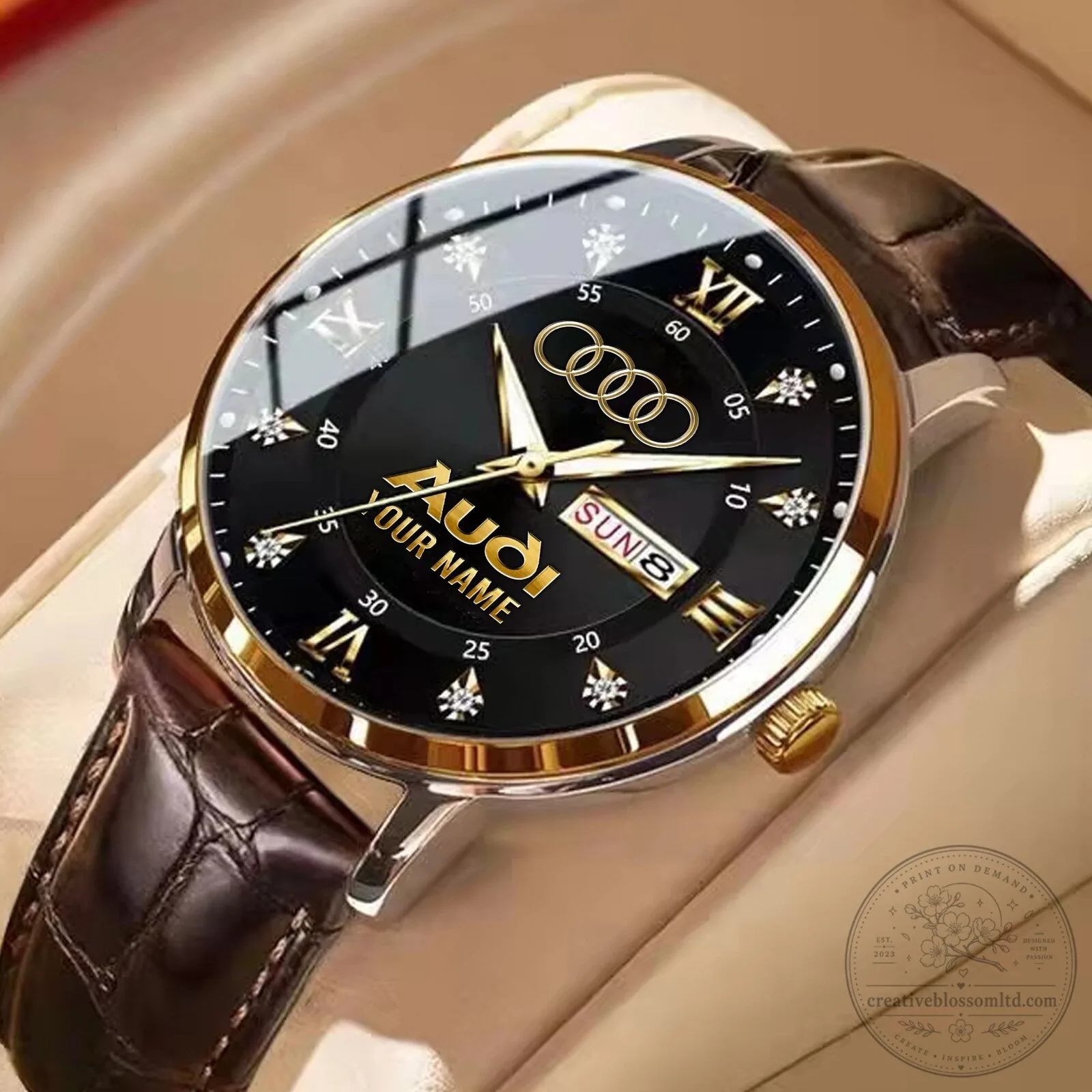 Audi Custom Name Gold and Black Analog Quartz Watch