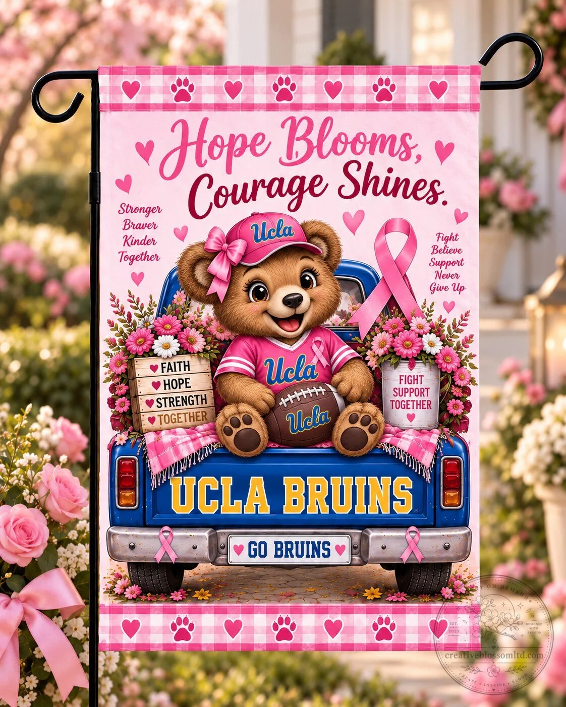 UCLA Bruins Breast Cancer Awareness Hope Blooms Courage Shines Garden Flag