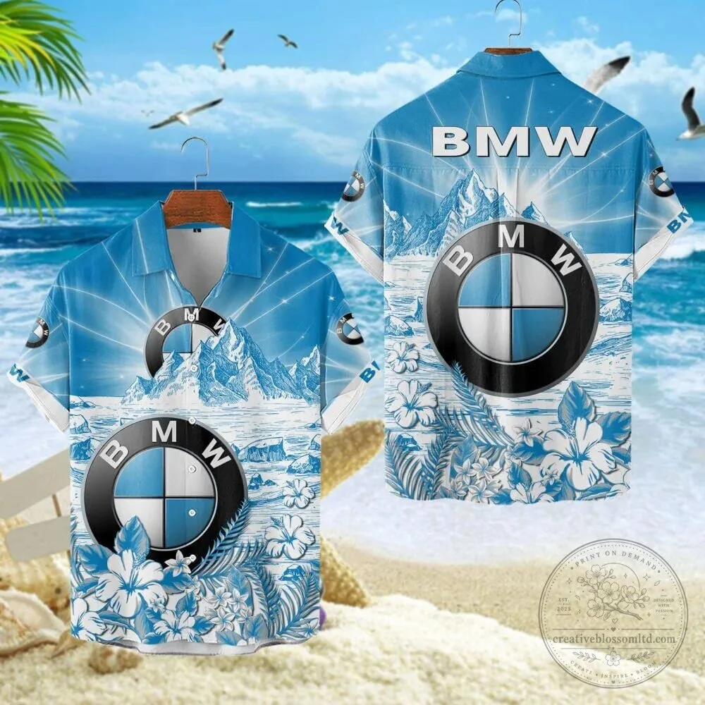 BMW Logo Mountain Beach Scene Hawaiian Shirt for Men and Women
