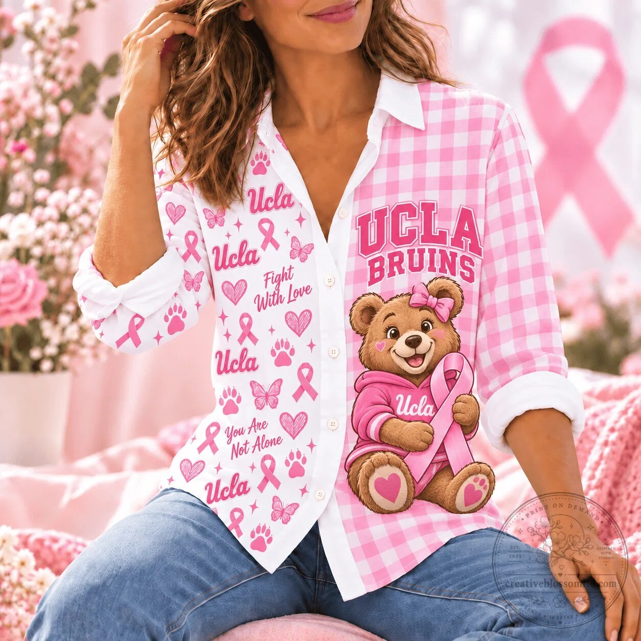 UCLA Bruins Breast Cancer Awareness Pink Gingham Button-Up Shirt 2 UCLA Bruins Breast Cancer Awareness Pink Gingham Button-Up Shirt