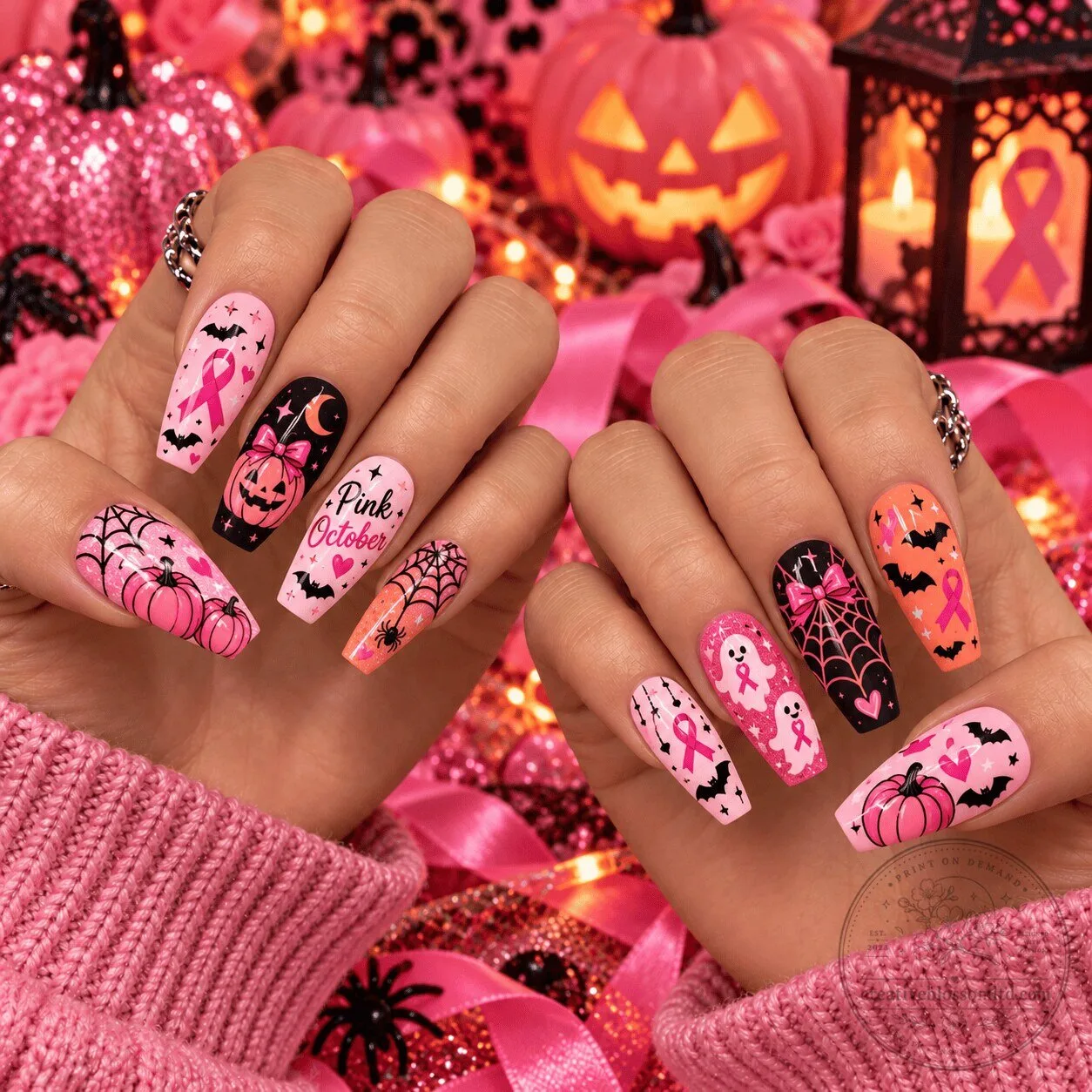 Pink October Breast Cancer Awareness Halloween Press-On Nails Set
