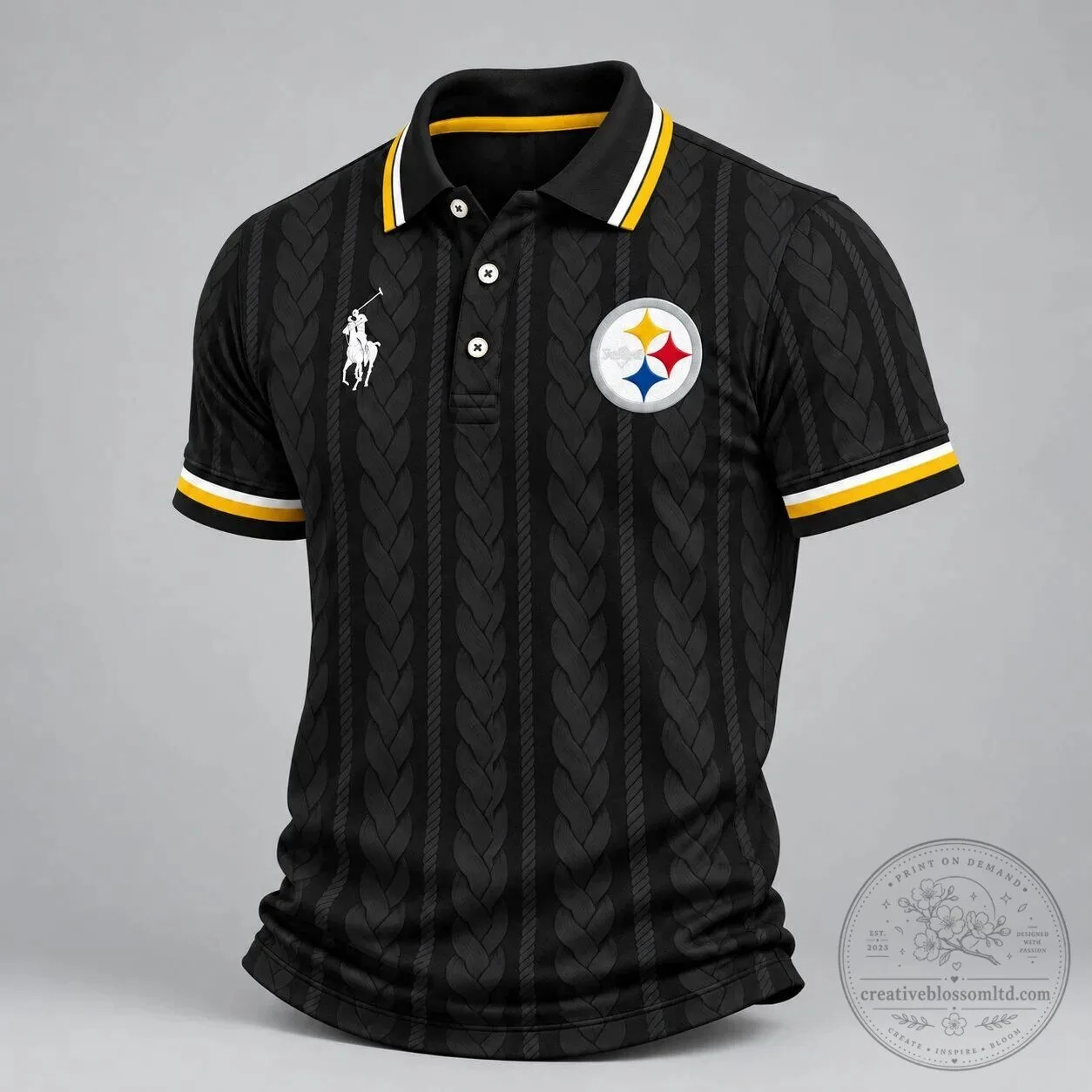 Pittsburgh Steelers NFL Retro Cable Knit Pattern Black Polo Shirt for Men 6 Pittsburgh Steelers NFL Retro Cable Knit Pattern Black Polo Shirt for Men