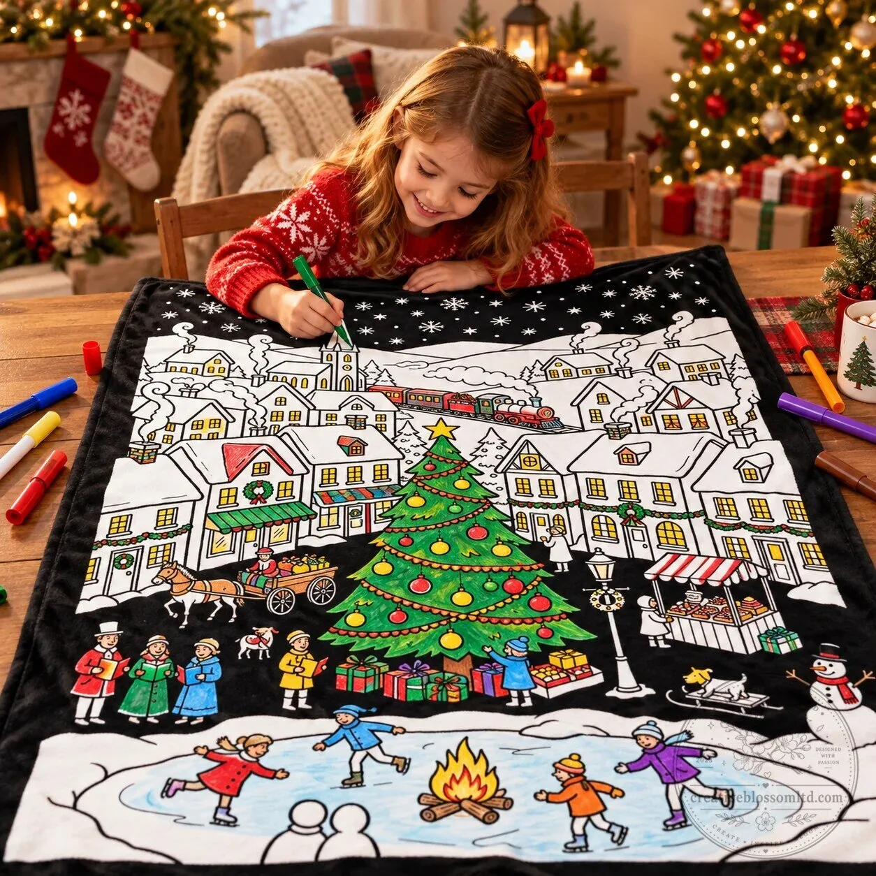 Christmas Winter Village Scene Coloring Activity Blanket for Kids