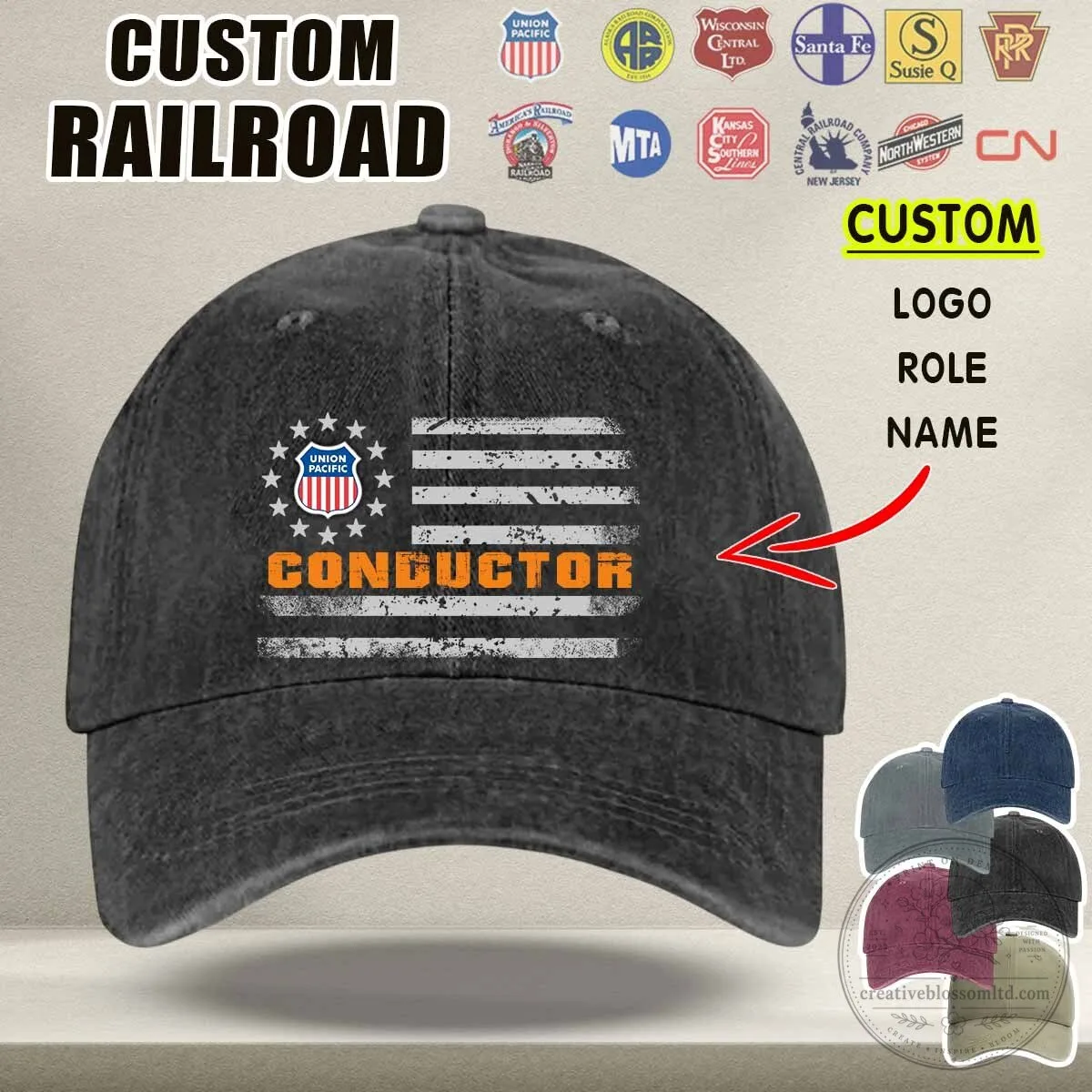 Custom Railroad Conductor Distressed American Flag Washed Denim Baseball Cap Hat 5 Custom Railroad Conductor Distressed American Flag Washed Denim Baseball Cap Hat