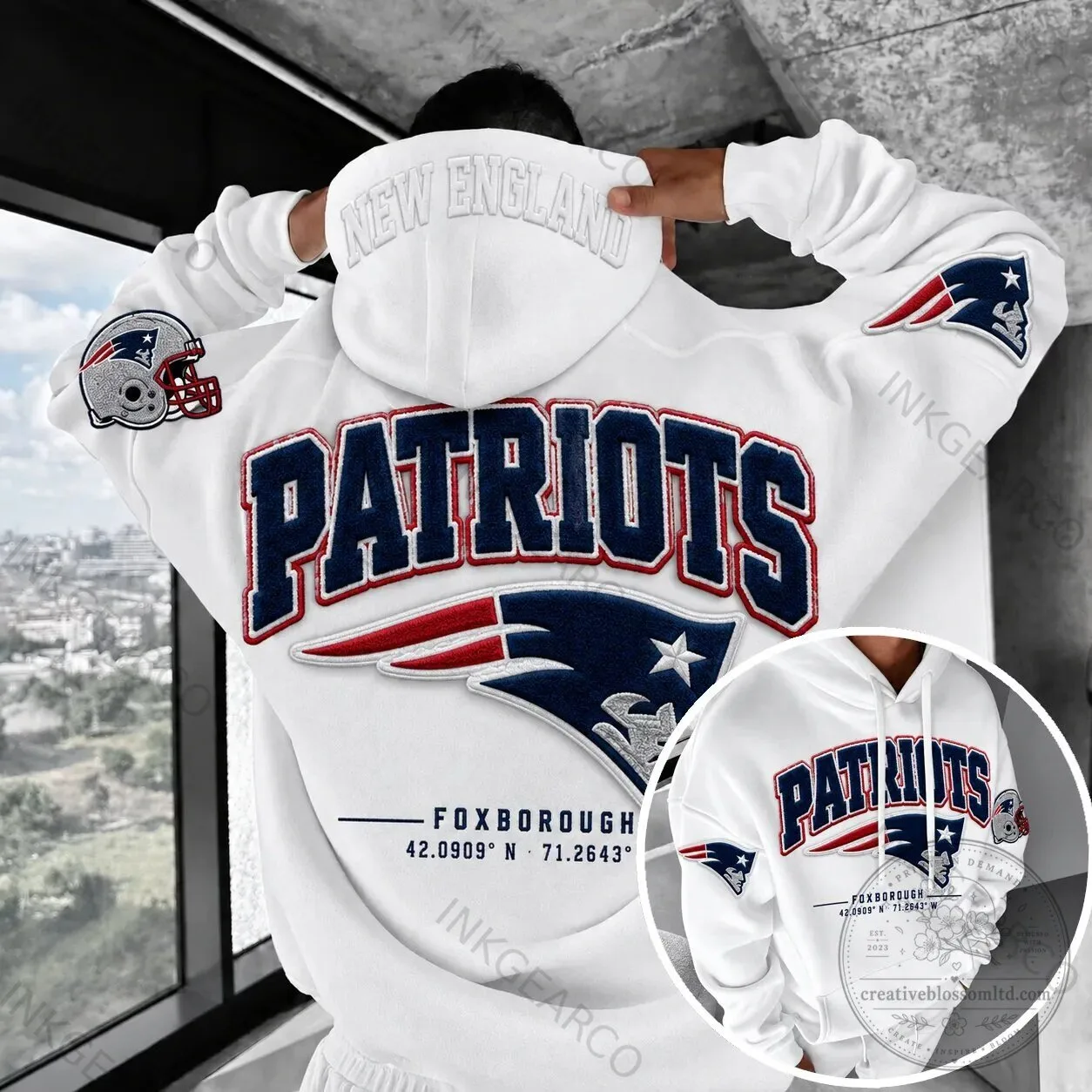 New England Patriots Football Team Logo White Hoodie