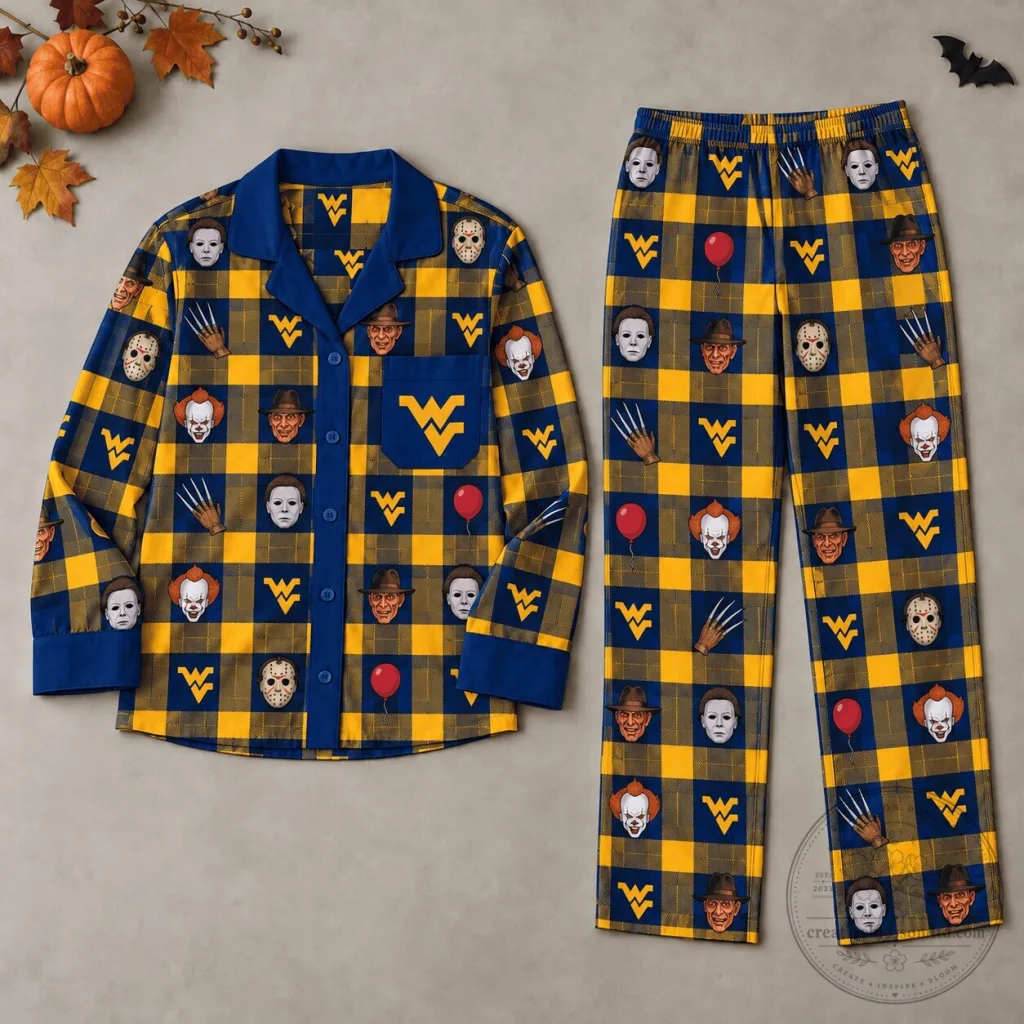West Virginia Mountaineers Halloween Horror Movie Characters Pajamas Set West Virginia Mountaineers Halloween Horror Movie Characters Pajamas Set