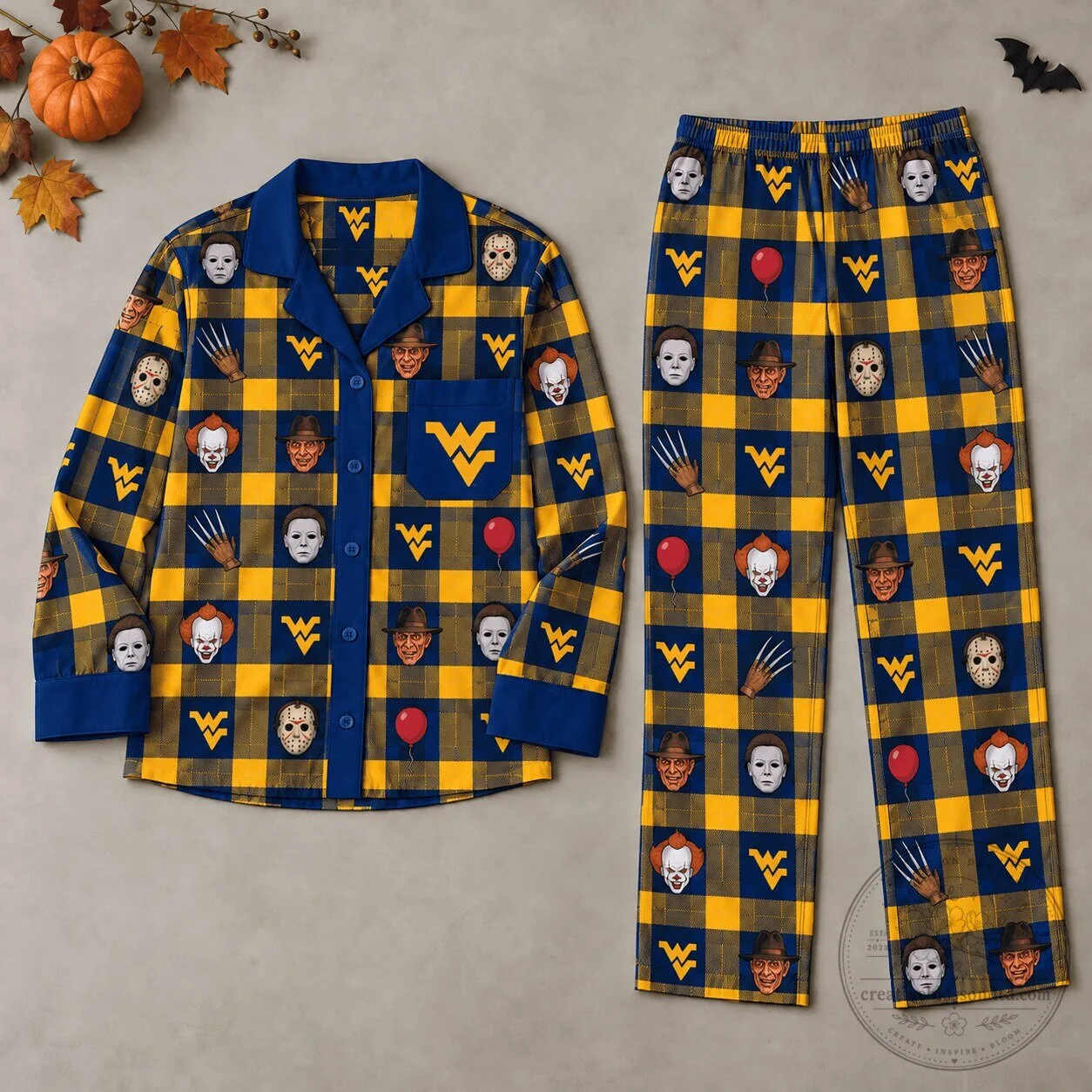 West Virginia Mountaineers Halloween Horror Movie Characters Pajamas Set