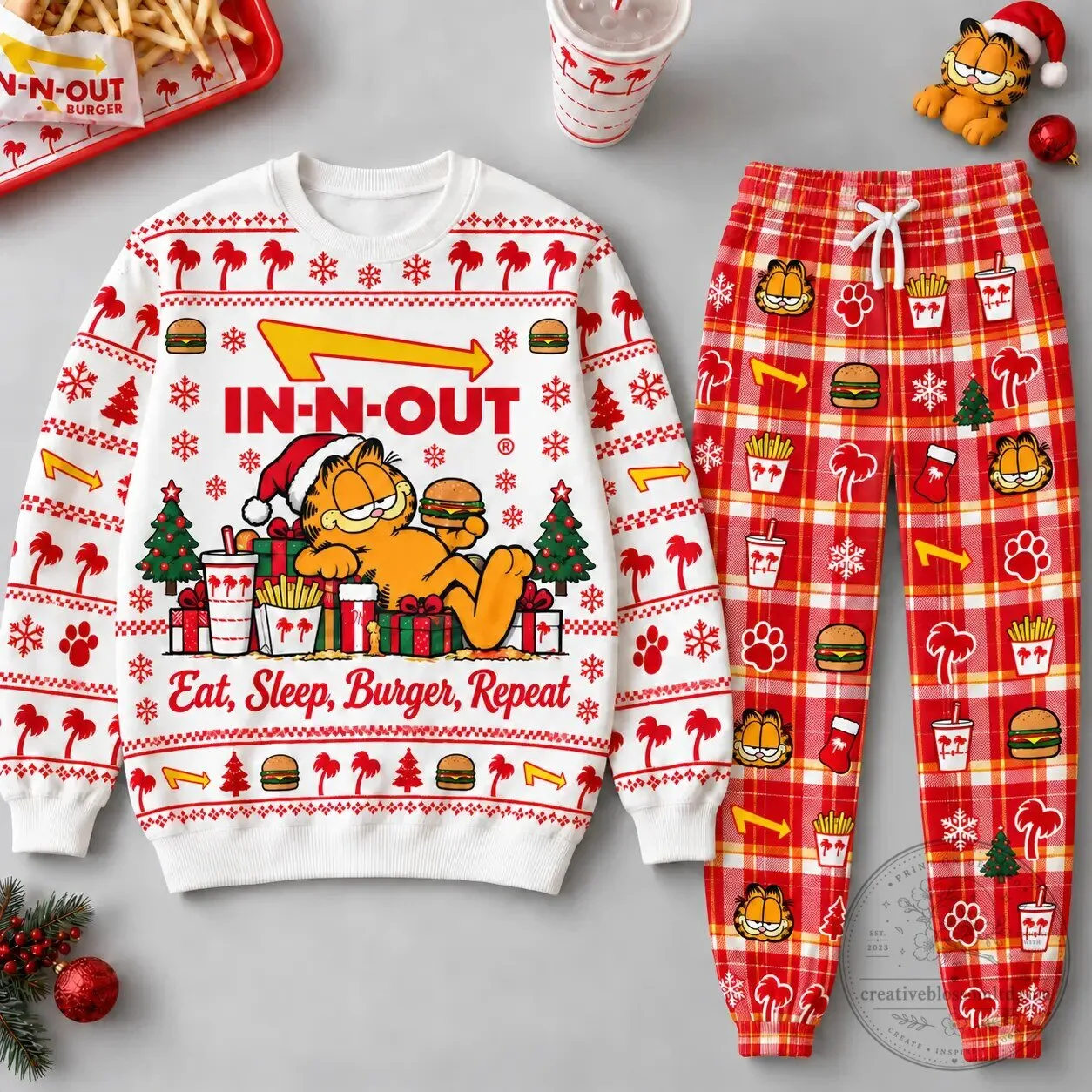 Garfield Santa In-N-Out Burger Christmas Holiday Sweatshirt and Jogger Pants Set