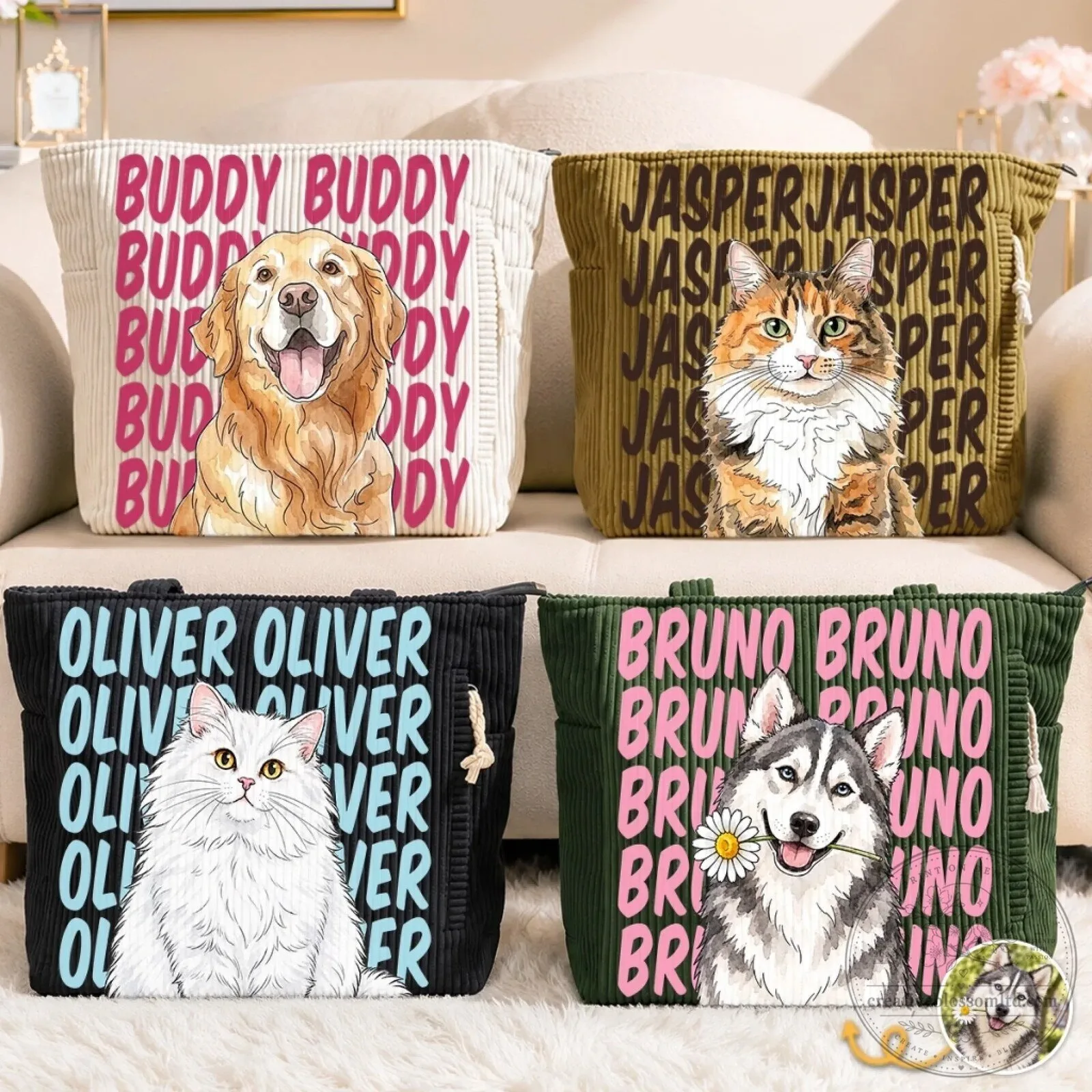 Personalized Pet Portrait Corduroy Tote Bag Custom Dog Cat Photo Handbag
