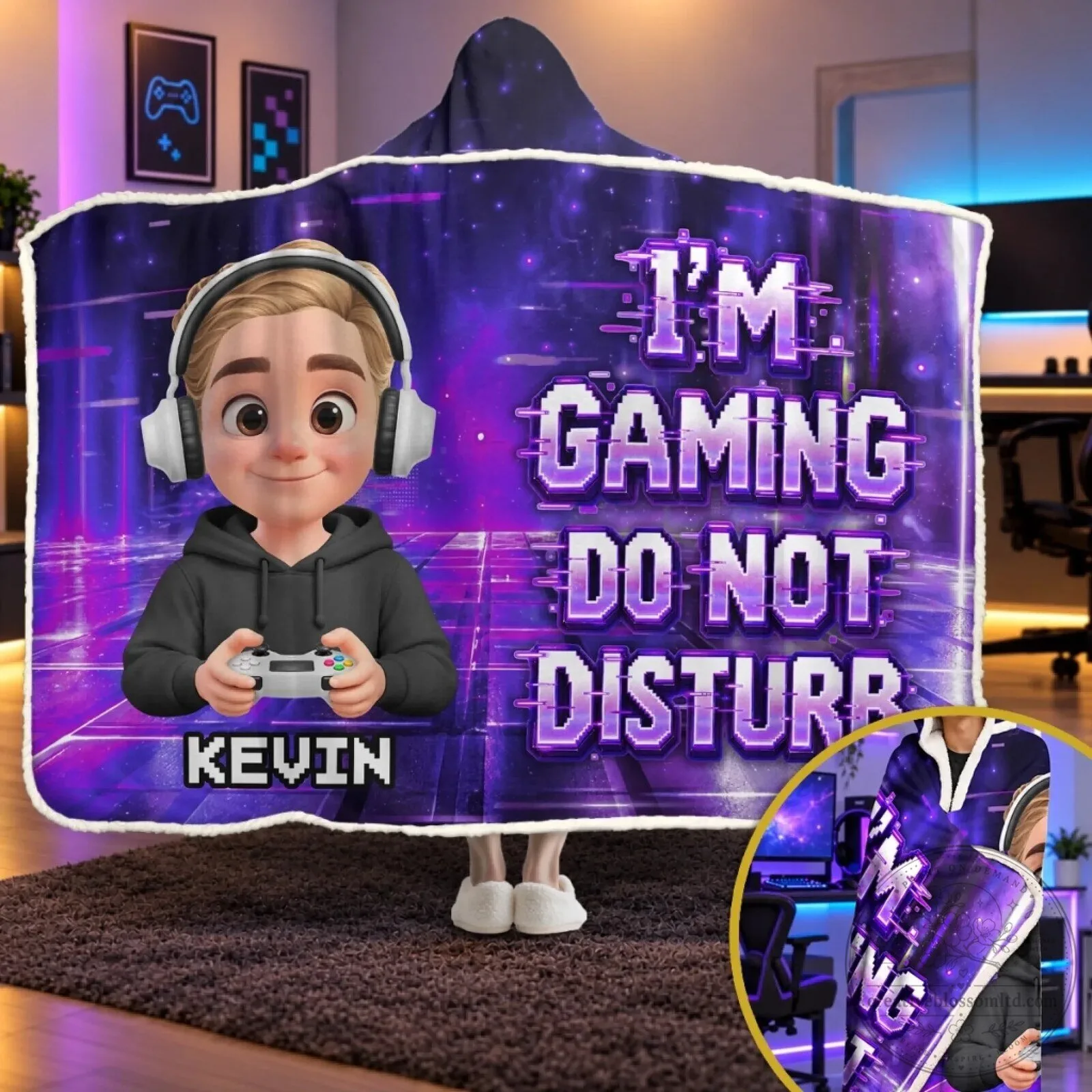 Personalized Gamer Do Not Disturb Gaming Hooded Blanket for Kids