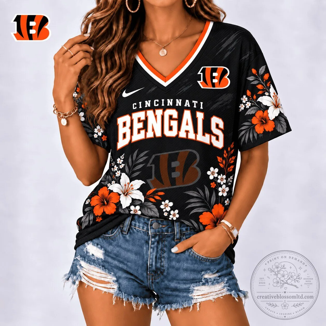 Cincinnati Bengals NFL Floral Spirit Game Ready V-Neck Football Jersey