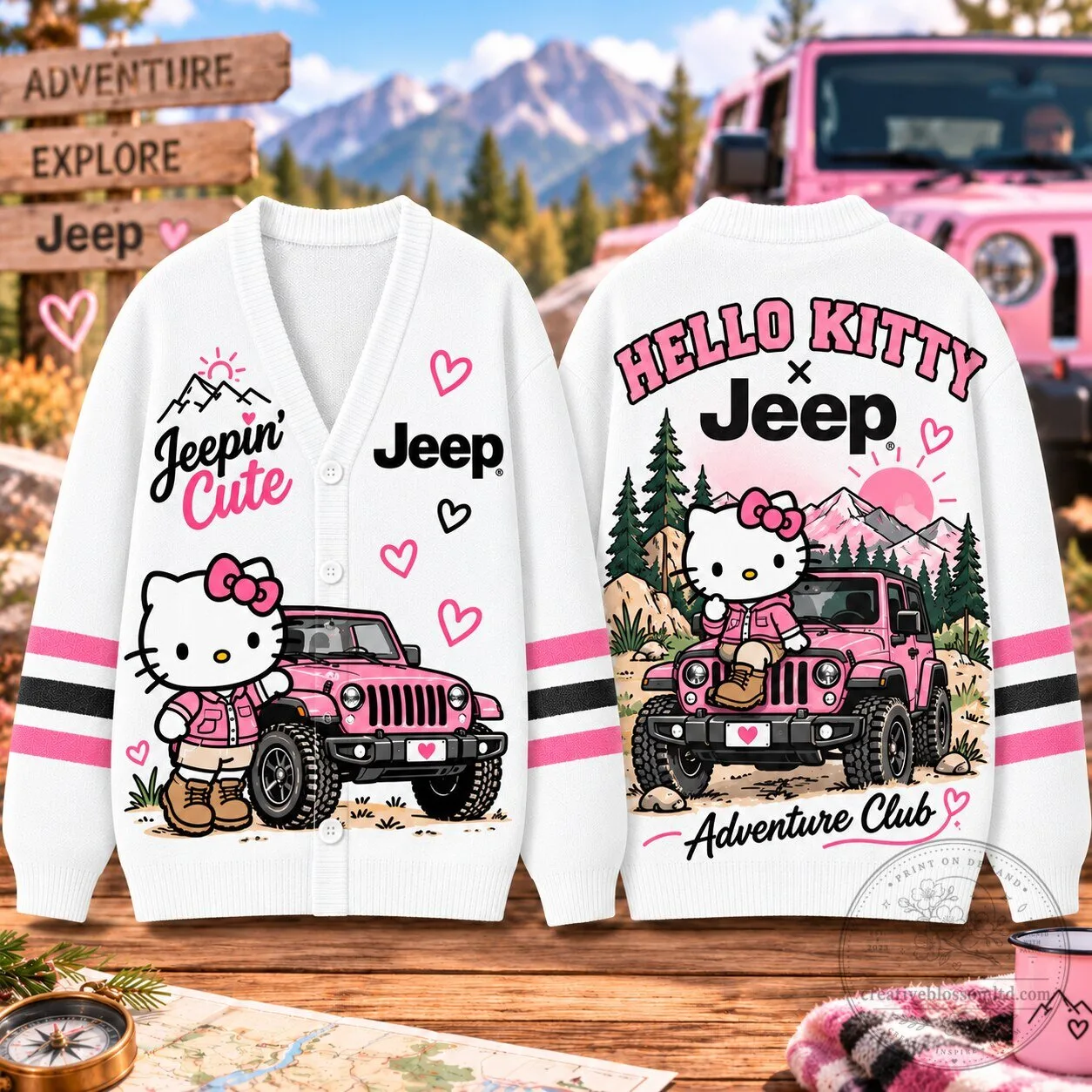 Hello Kitty Jeep Adventure Club Pink Vehicles Cardigan Sweater