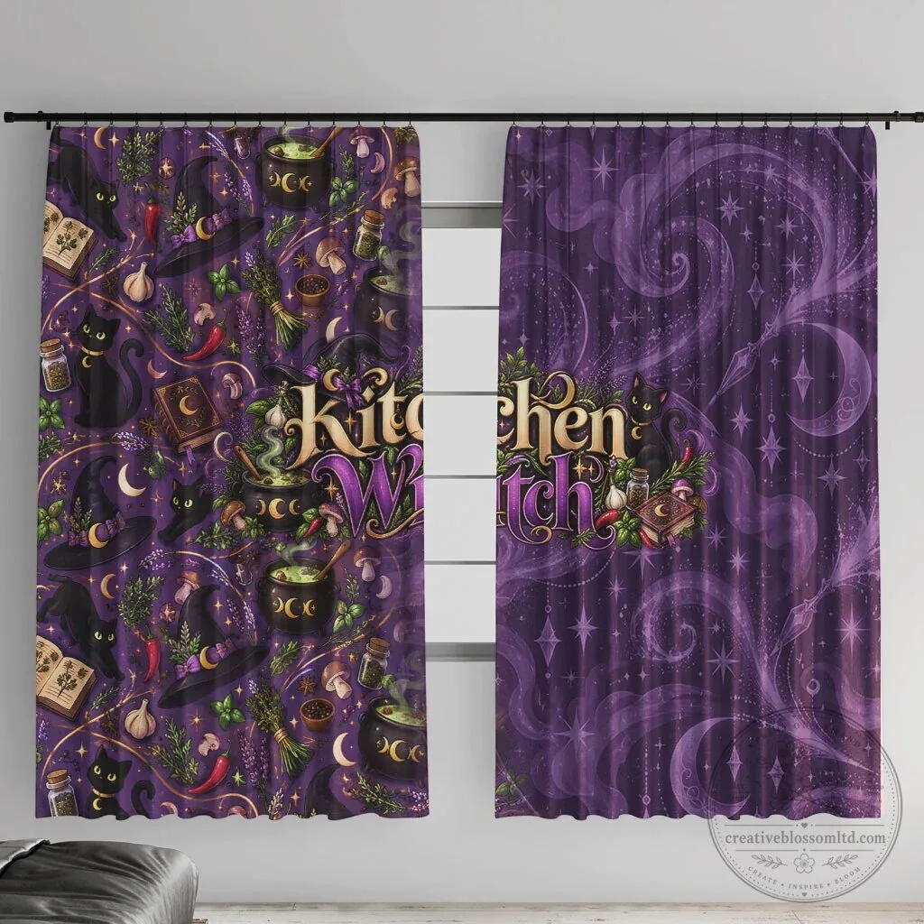 Kitchen Witch Mystical Wiccan Magic Herb Cauldron Window Curtain