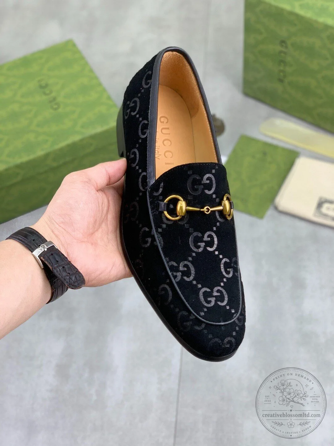 Gucci Black Velvet Loafer Shoes with Gold Horsebit Detail for Men