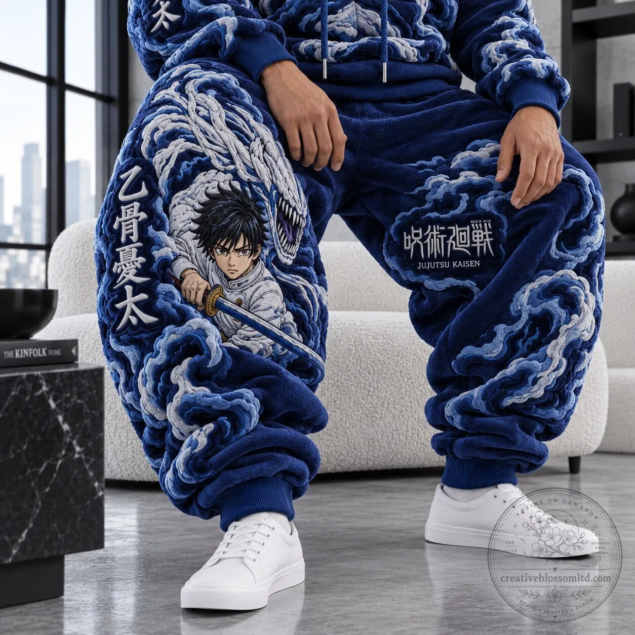 Jujutsu Kaisen Yuta Okkotsu Dragon Wave Embroidered Blue Sweatpants