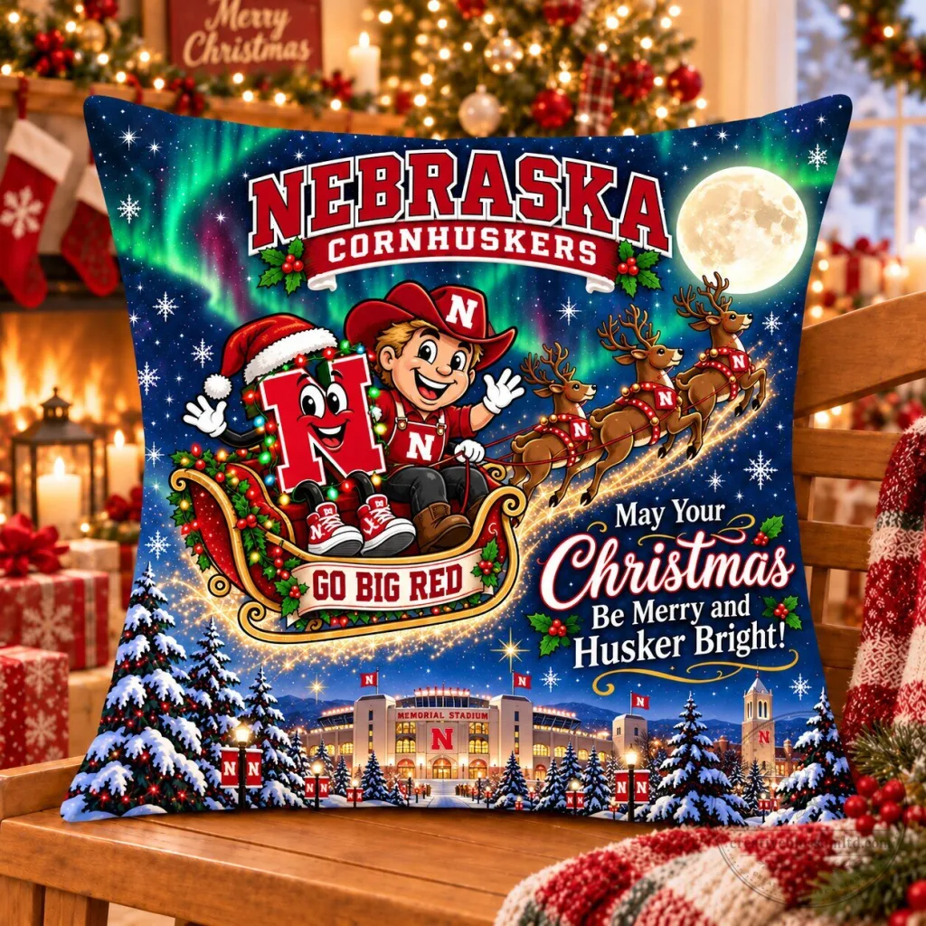 Nebraska Cornhuskers Christmas Night Flight Holiday Decorative Pillow