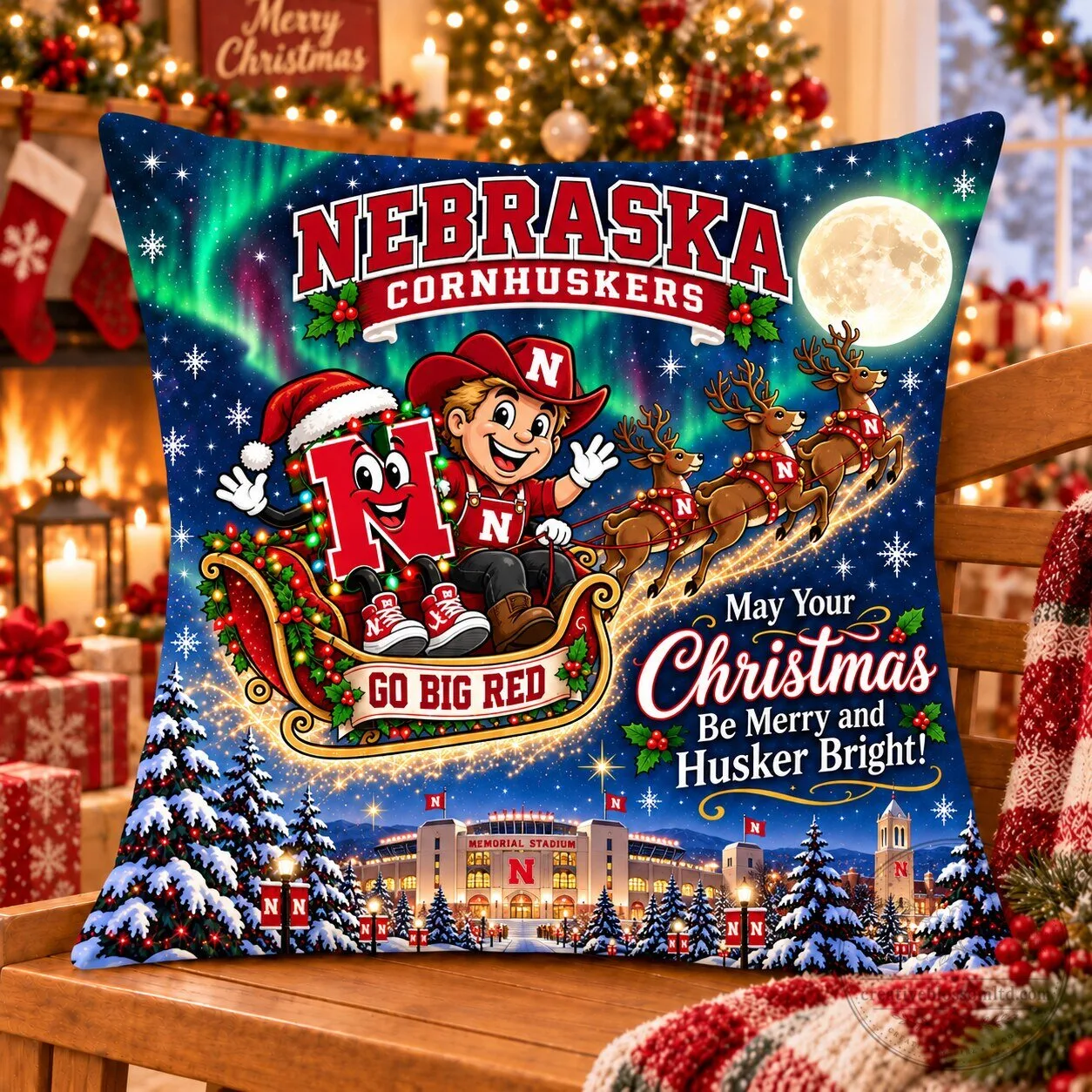 Nebraska Cornhuskers Christmas Night Flight Holiday Decorative Pillow