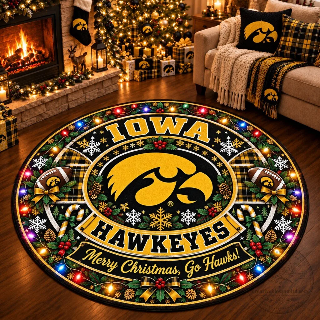 Iowa Hawkeyes Christmas Holiday Round Rug - Merry Christmas Go Hawks Floor Mat Iowa Hawkeyes Christmas Holiday Round Rug - Merry Christmas Go Hawks Floor Mat