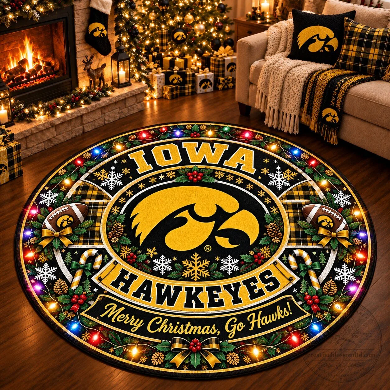 Iowa Hawkeyes Christmas Holiday Round Rug - Merry Christmas Go Hawks Floor Mat