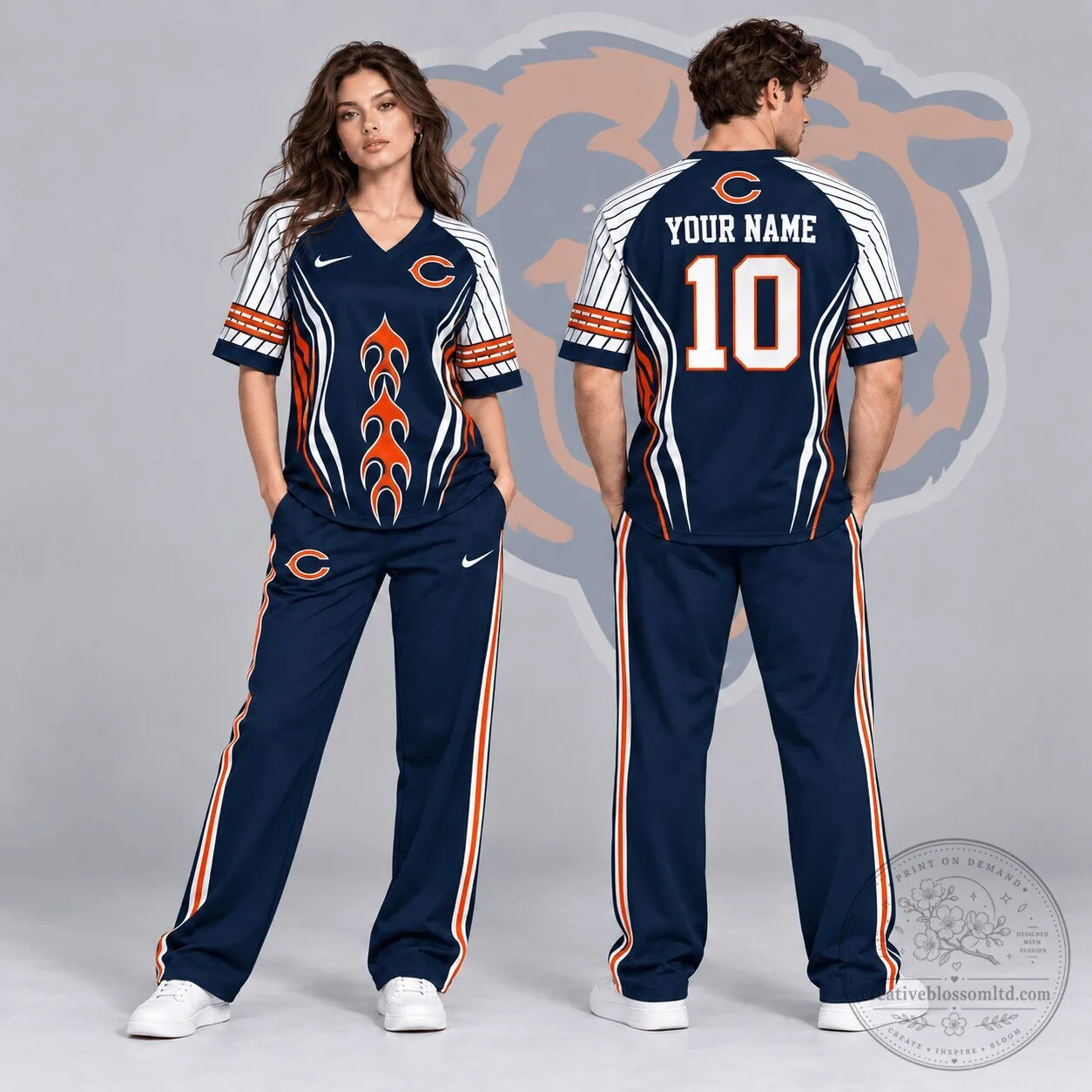 Chicago Bears Custom Name Number Flame Graphic V-Neck Football Jersey