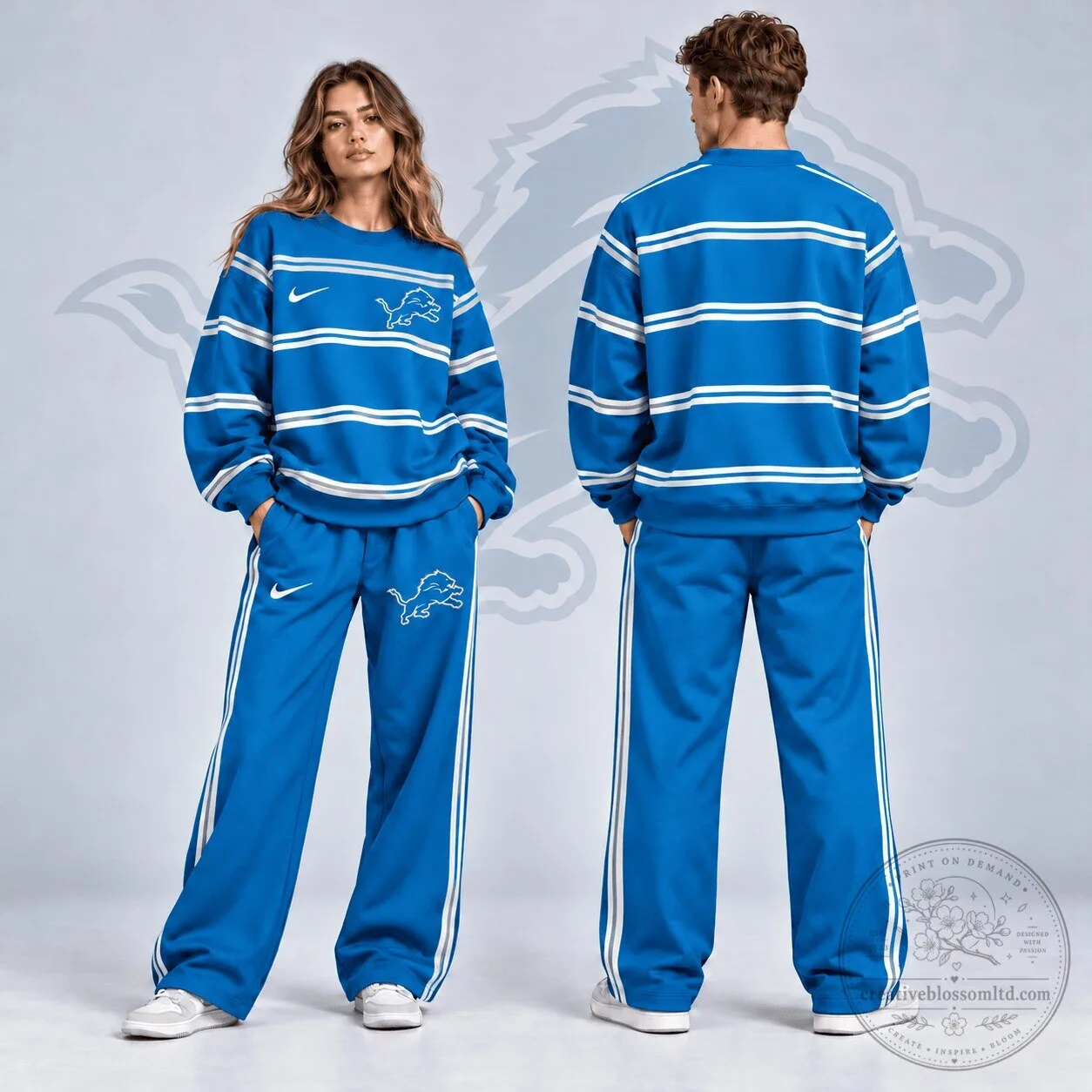Detroit Lions Nike Blue Horizontal Stripe Crewneck Sweatshirt and Wide Leg Track Pants Set