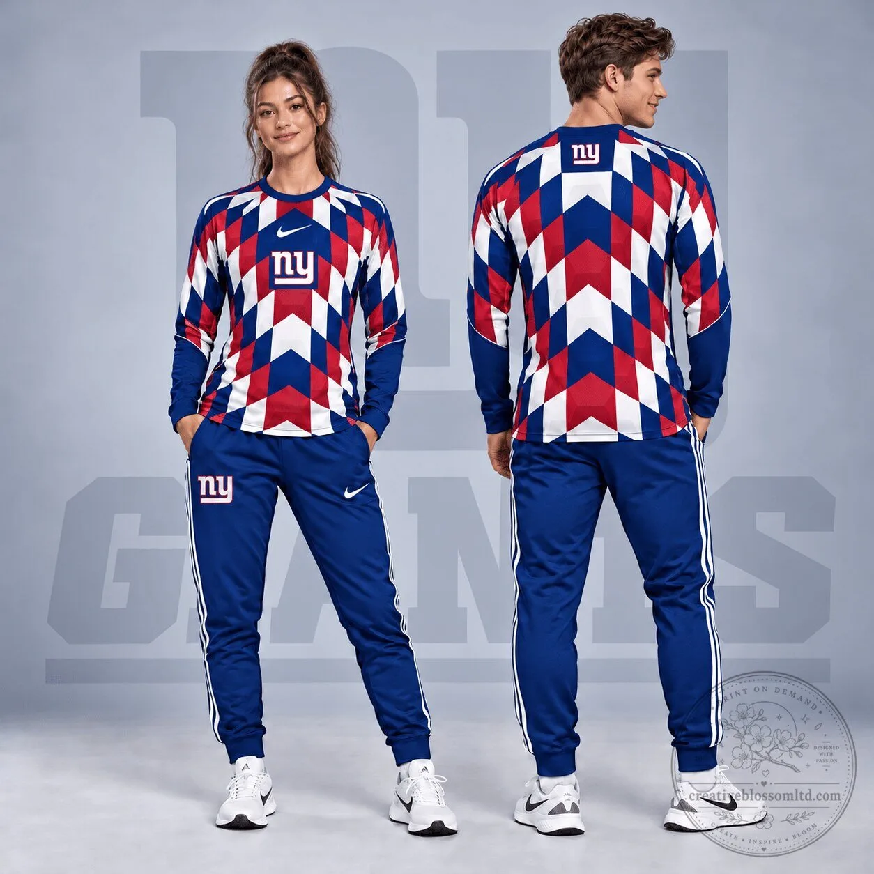 New York Giants Diamond Chevron Geometric Print Long Sleeve Shirt