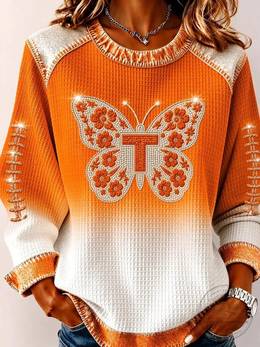 Christian Butterfly Cross Orange Ombre Long-Sleeve T-Shirt for Women