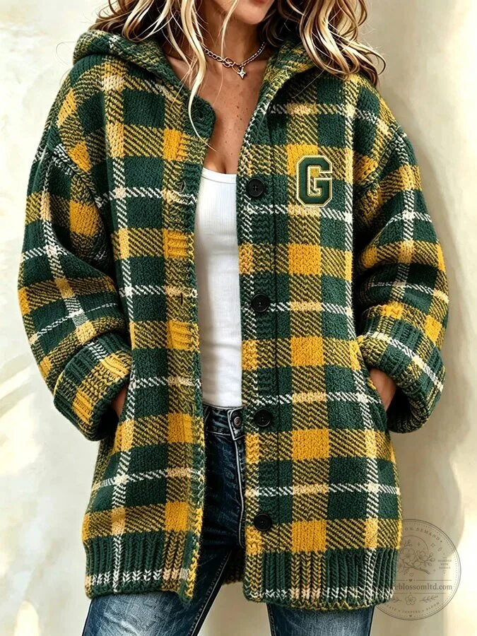 Green Bay Packers Plaid Pattern Button-Up Hooded Cardigan Jacket