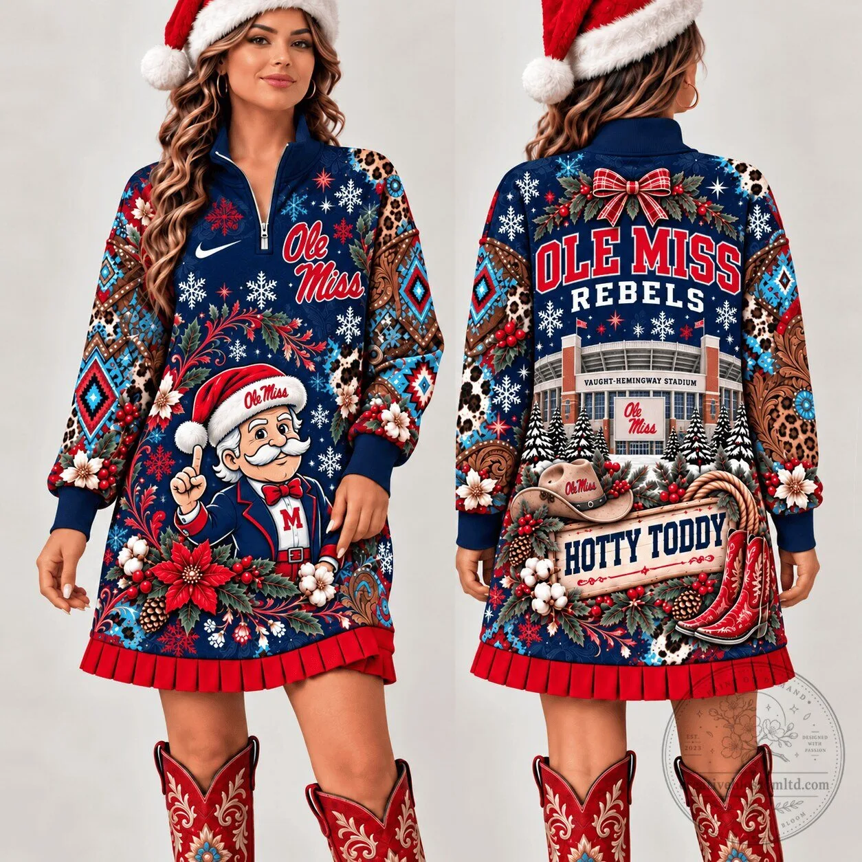 Ole Miss Rebels Christmas Santa Claus Western Boho Pattern Long-Sleeve Dress