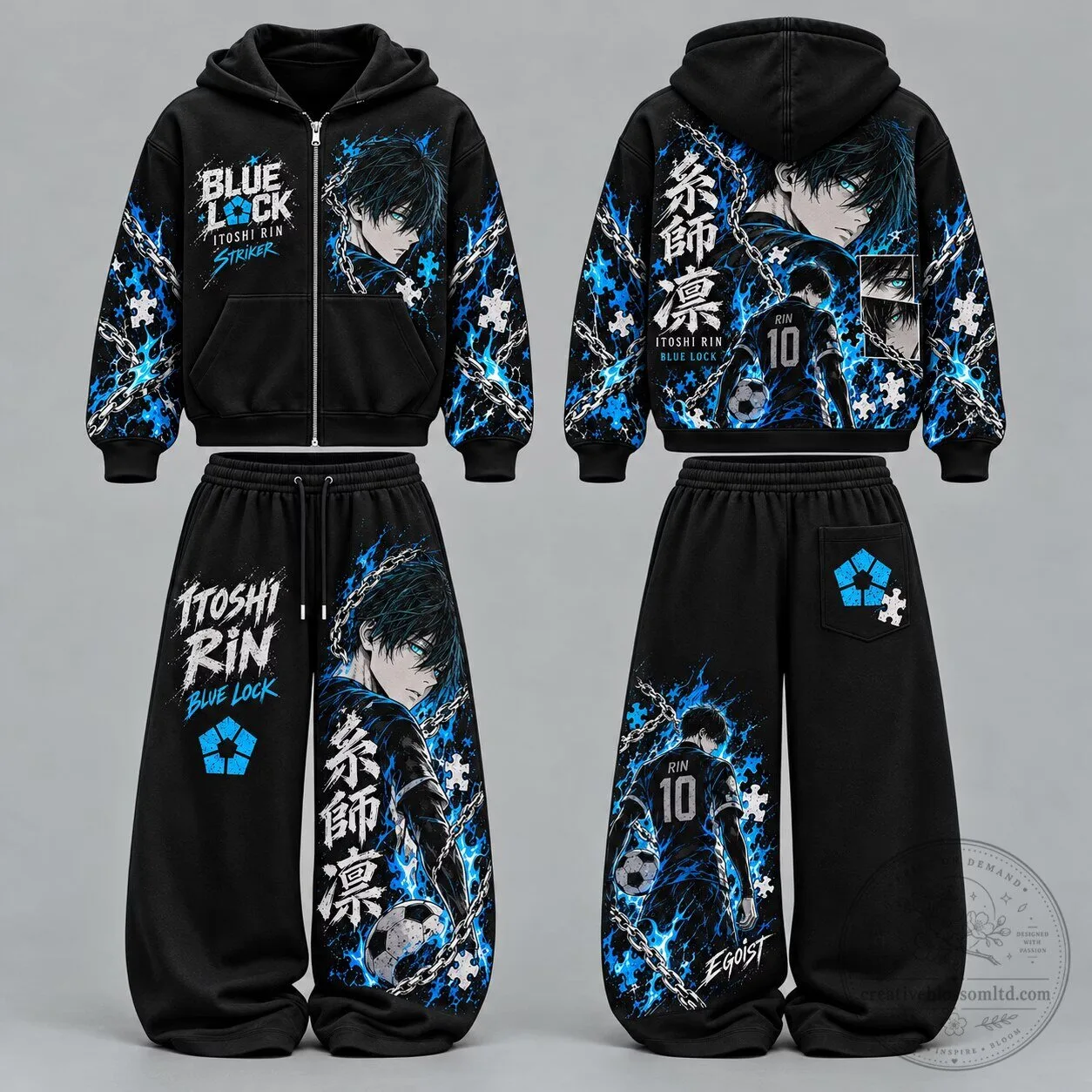 Blue Lock Itoshi Rin Anime Character Art Zip-Up Hoodie