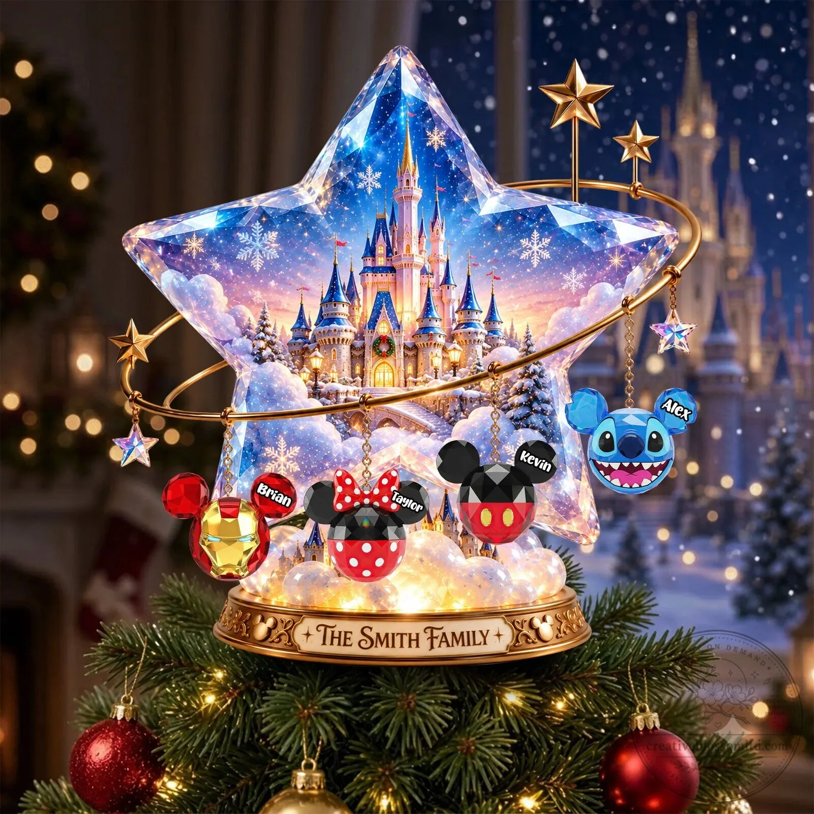 Disney Castle Personalized Christmas Tree Topper with Mickey Mouse and Friends Charms