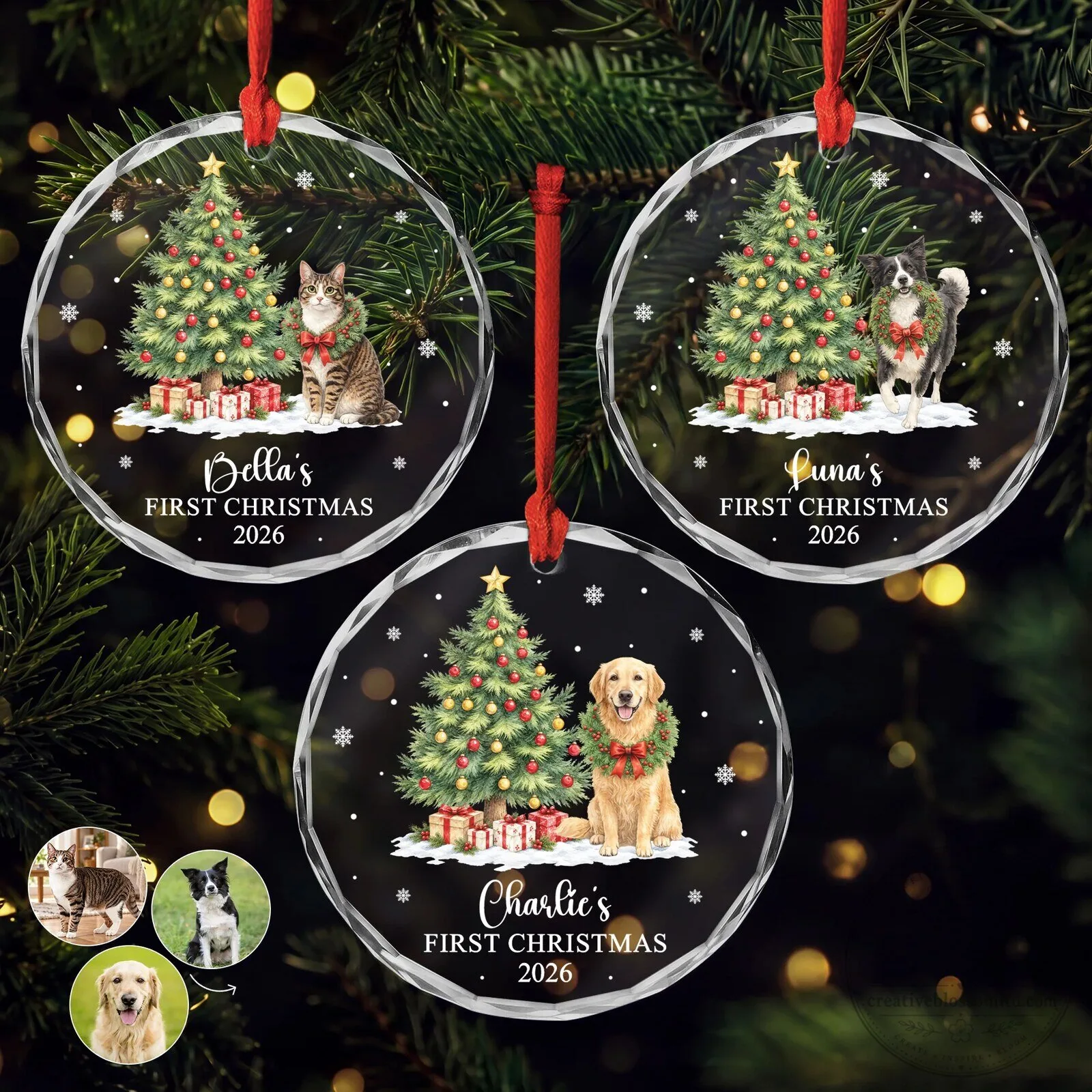 Personalized Pet's First Christmas Glass Ornament with Custom Photo and Name