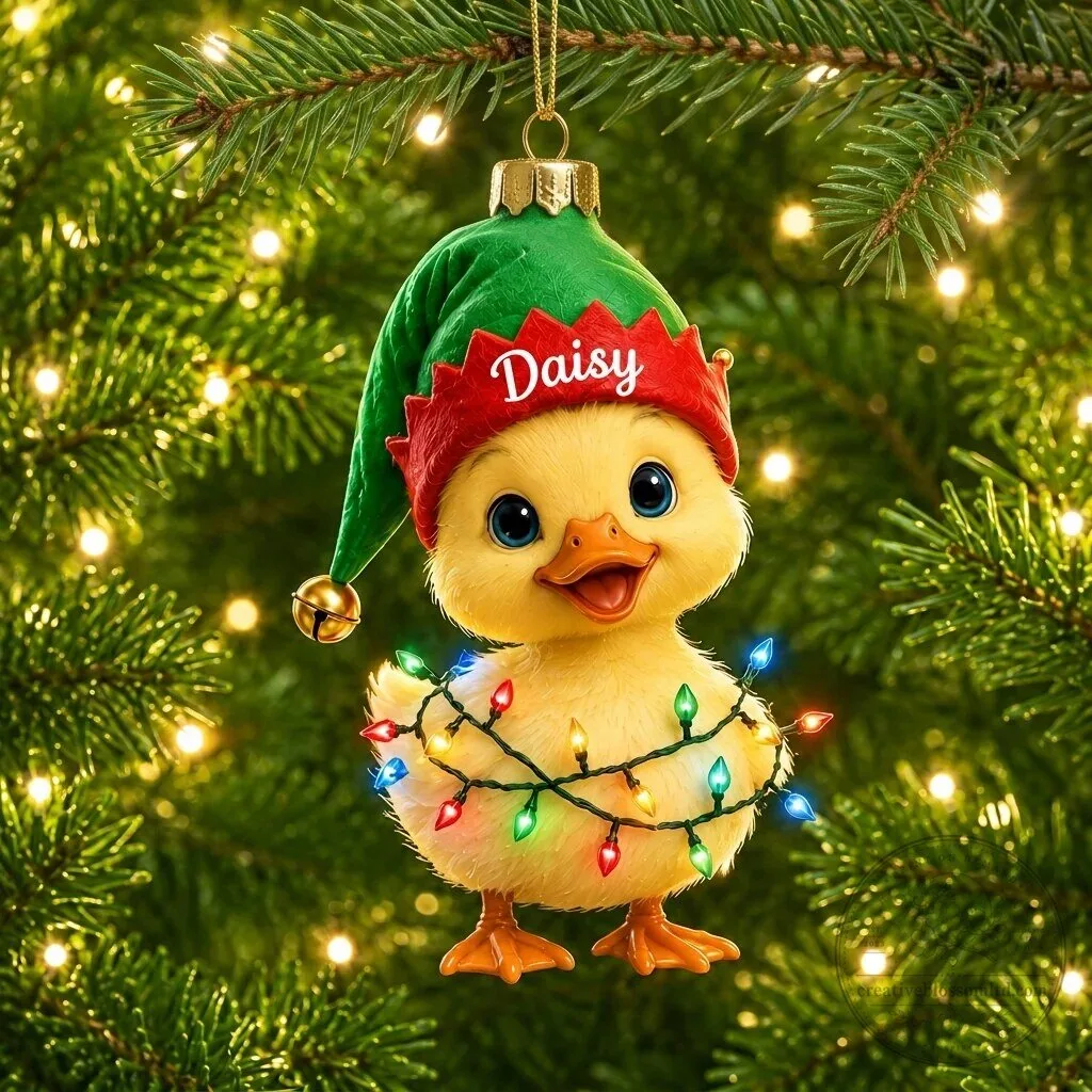 Personalized Cute Baby Duck with Elf Hat Christmas Tree Ornament