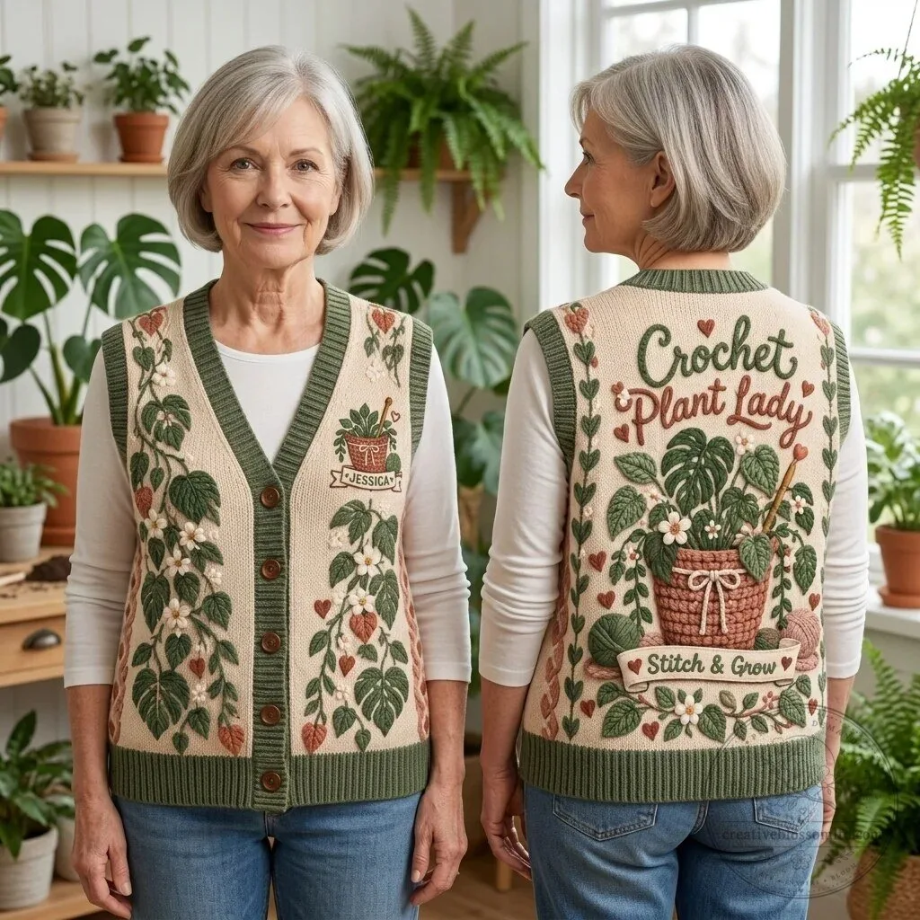 Crochet Plant Lady Personalized Cardigan Vest for Gardeners