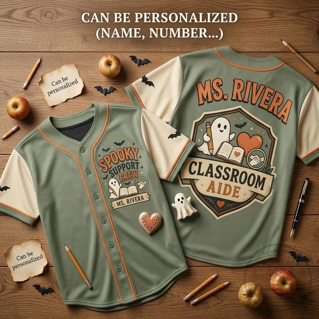 Personalized Spooky Support Crew Classroom Aide Halloween Baseball Jersey
