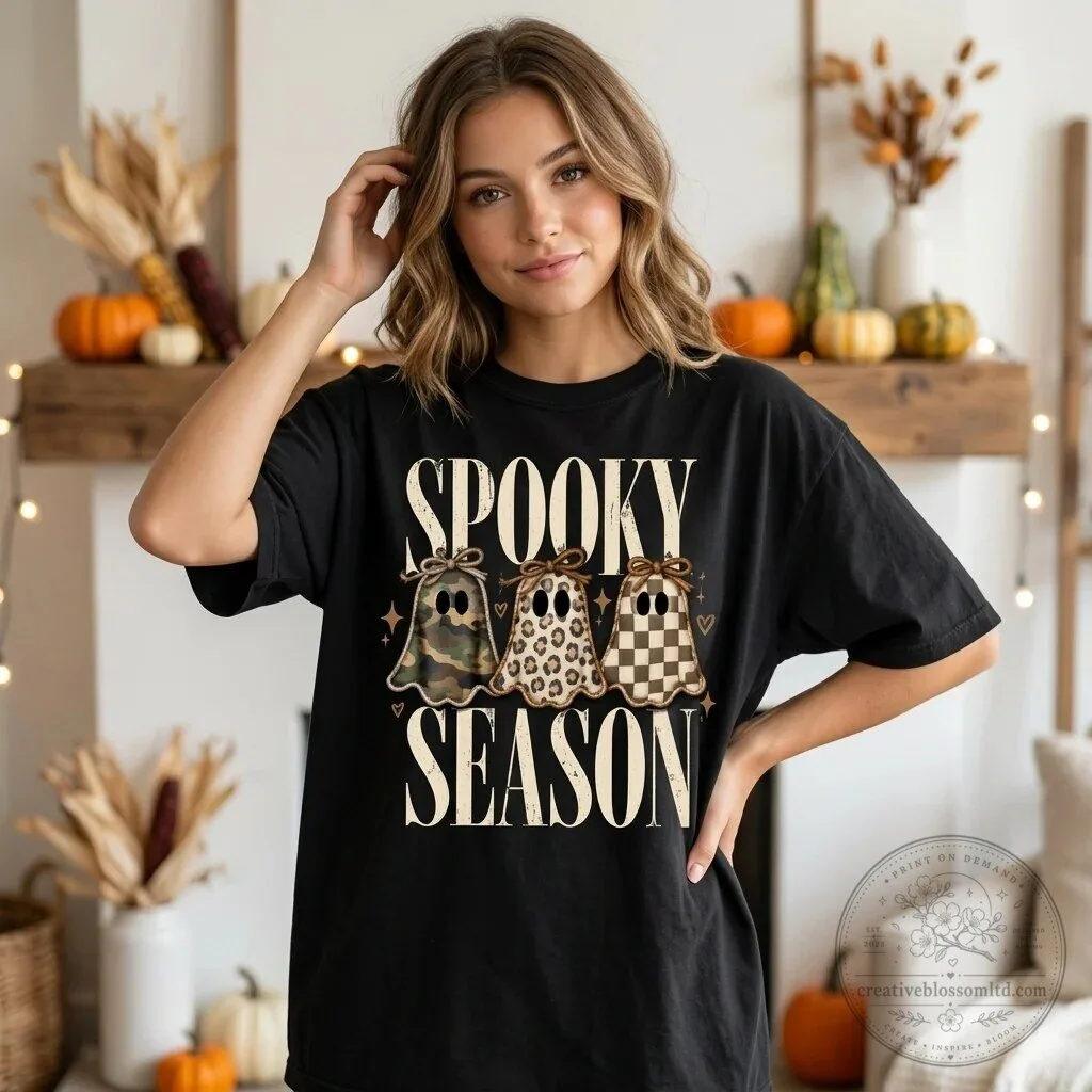 Spooky Season Cute Ghost Pattern Halloween Graphic Black T-Shirt