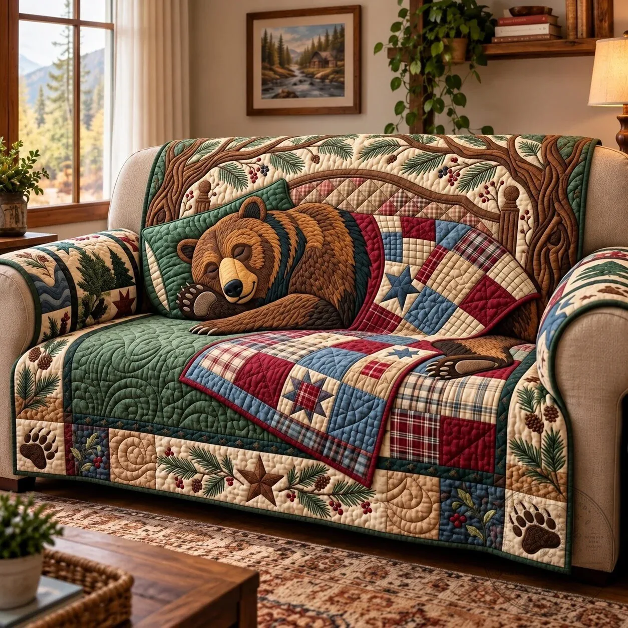 Quilted Sofa Cover featuring Sleeping Bear Design
