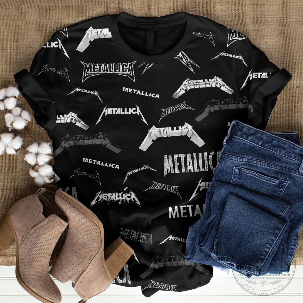Metallica Band Logo All Over Print Black Short Sleeve Crewneck T-Shirt