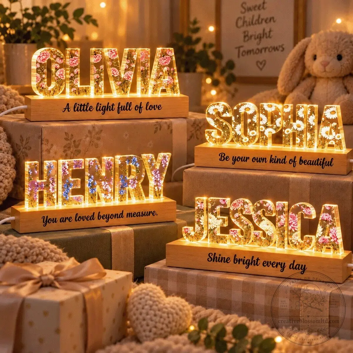 Personalized Birth Month Flower Name Night Light Acrylic Block for Nursery Decor